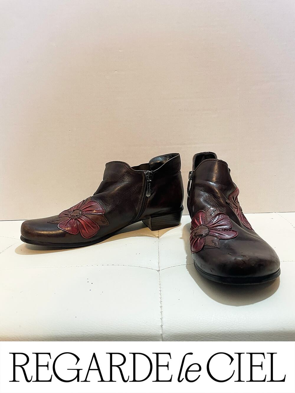 Regarde le Ciel Brown Leather Floral Applique Ankle Boots Size 40
